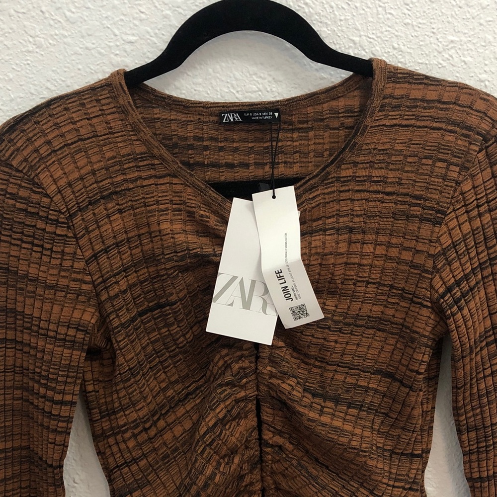 Zara Brown Ribbed Ruched Front Crop Top - Picture 3 of 5